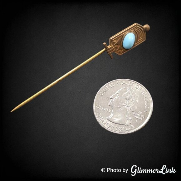 Antique Egyptian Style Slanted Oval Blue Stone Gold Tone Stick Pin - Picture 9 of 12